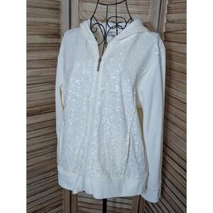 Onque Casual Velour White Sequined Cotton Blend Full Zip Sweatshirt Jacket XL
